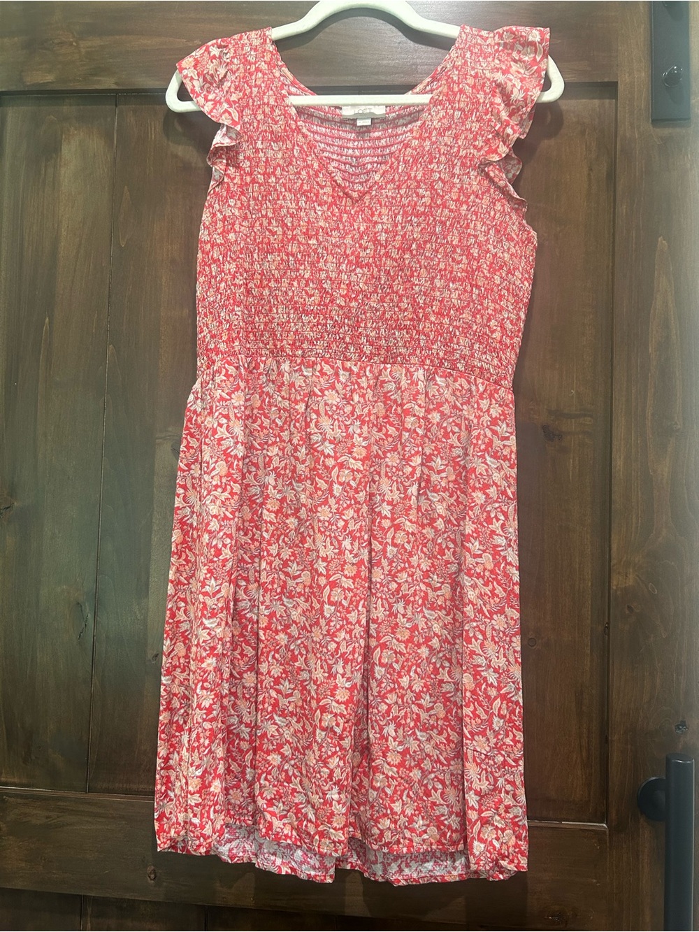 M343 LOFT Red Floral Smocked Midi Dress Sz Med.